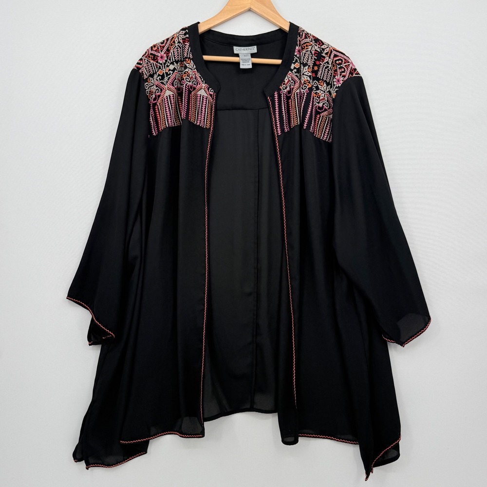Catherines Kimono Top Womens 4X Black Embroidered Boho Peasant Ethereal Layering
